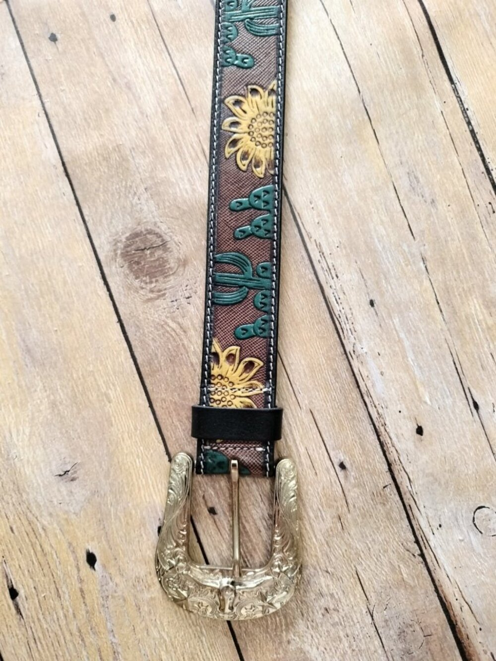 American Bison Sunflower Cactus Tooled Leather Belt Medium Brown Multi Lg Buckle